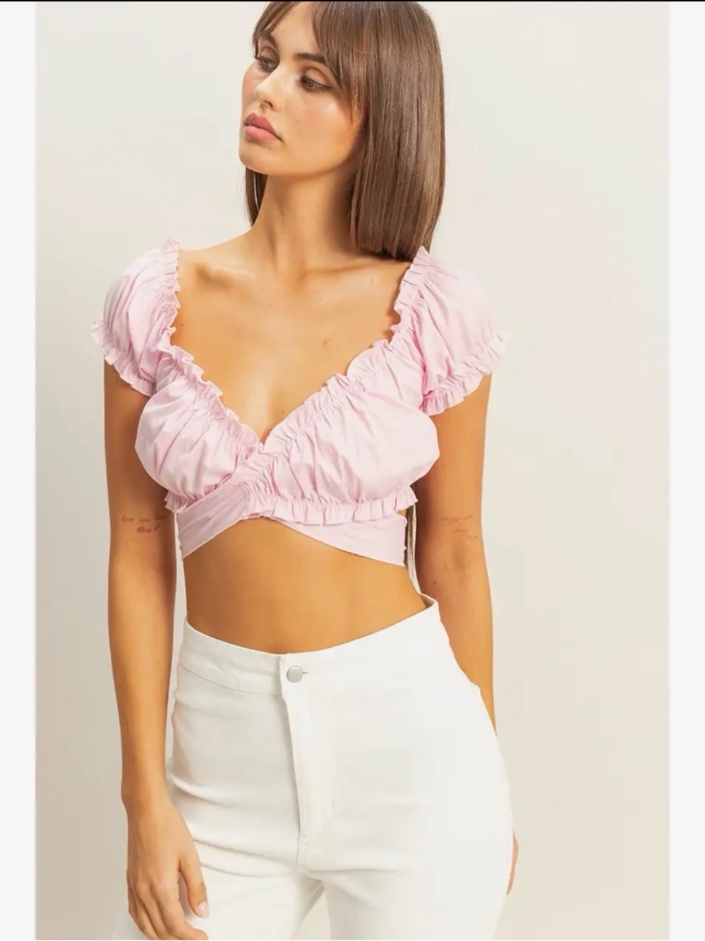 HYFVE Pink Puff Sleeve Wrap Crop Top Cottagecore Large NWT